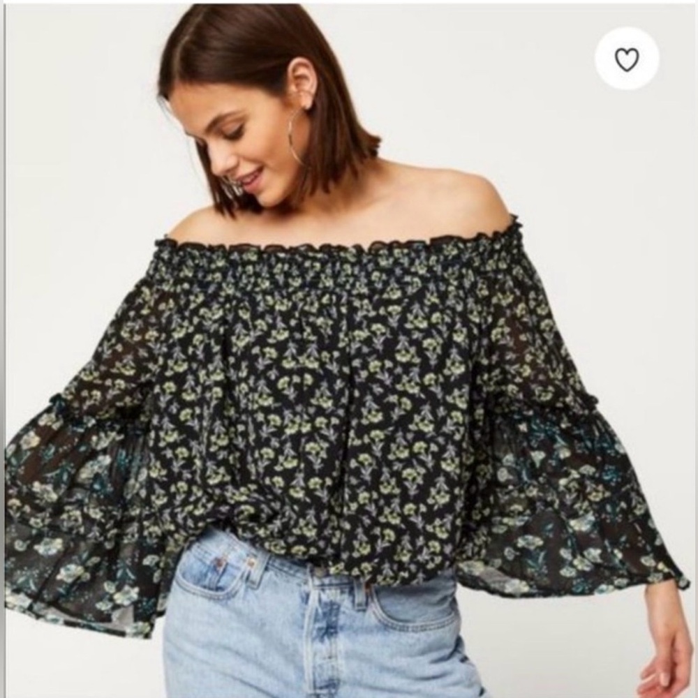 Free People Rose Valley Black Floral Off the Shoulder Top